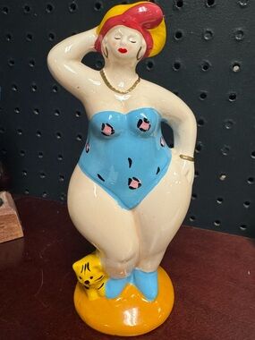 Vintage Ceramic Bathing Beauty Coin Bank Retro Quirky Beach Coastal